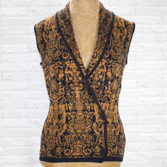 ELLEN TRACY Vest Wool Double Breasted Metallic Knit Damask Print Navy Blue Gold - Picture 1 of 13